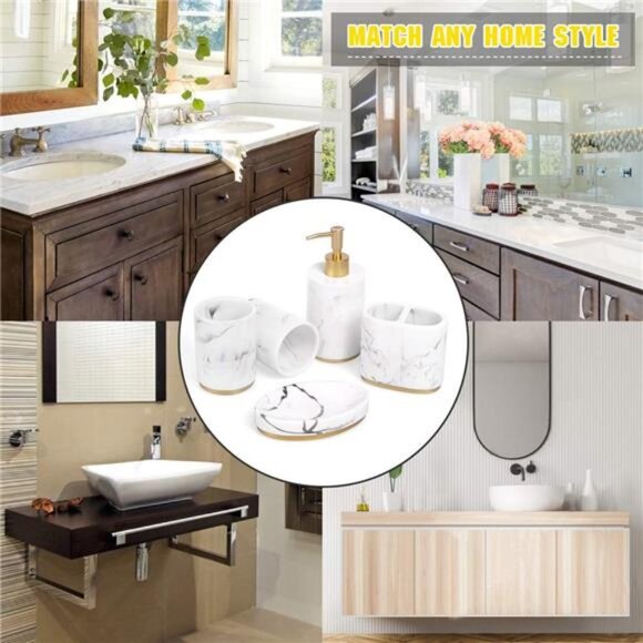 Bathroom Accessories Set, 5 Pcs Marble Look Bathroom Sets for Counter - Picture 7 of 8